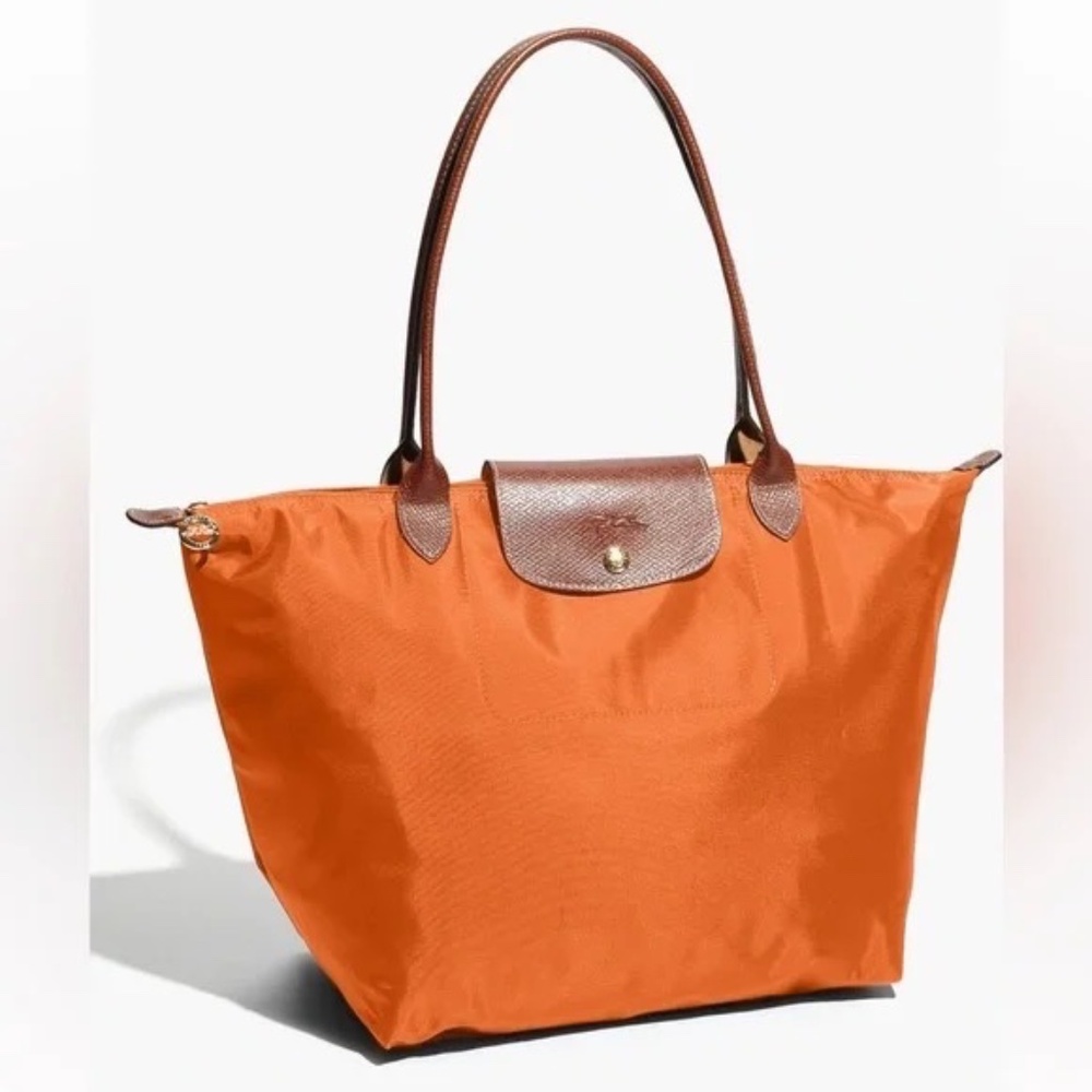Longchamp Le Pilage Large Orange Tote Bag with Brown Accents
